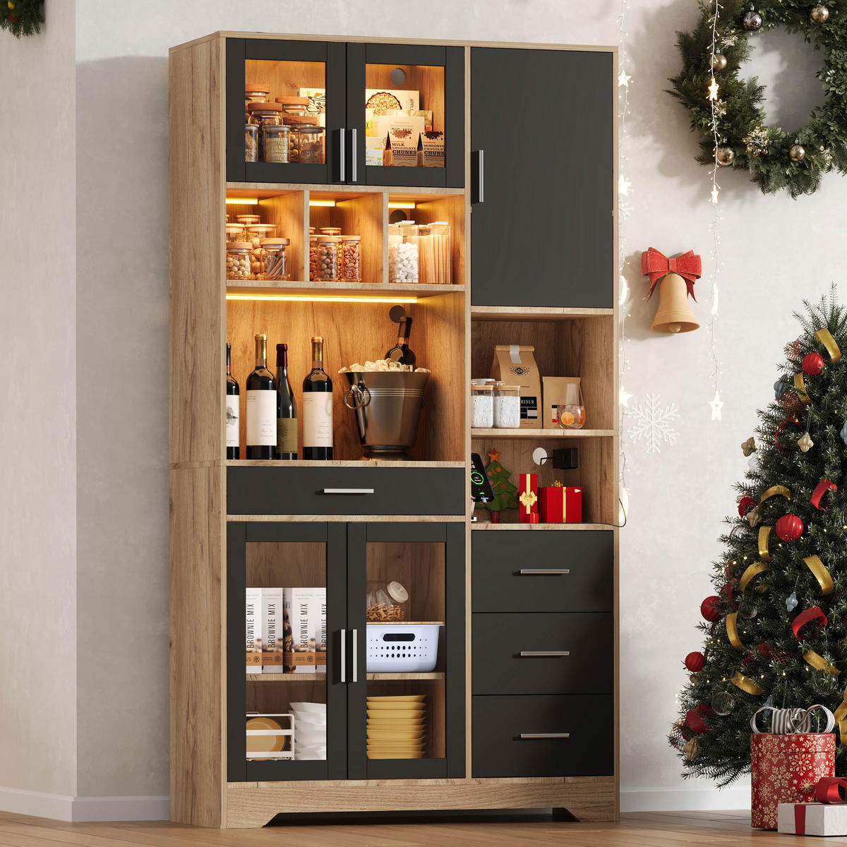 BUFFETSCHRANK Schwarz Natur 100/40/185 cm - Schwarz, Holz (100/185/40cm) - PANGIVO