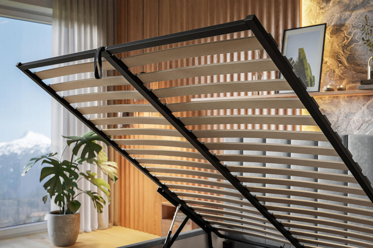 BETT 200x200 - Polsterbett mit Bettkasten und Metallrahmen - Modern Betten - Glatter Kronos-Stoff- Kollektion Toledo - Blau - Blau, Holz/Textil (200/200cm) - Alpi-Möbel