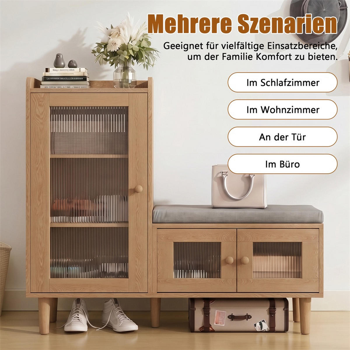 SCHUHSCHRANK mit integrierter Sitzbank - Mehrzweck-Schuhschrank mit geriffelten Glastüren und Sitzkissen - Natur - Nussbaumfarben, Holzwerkstoff (35/69.5/100cm) - DELFA