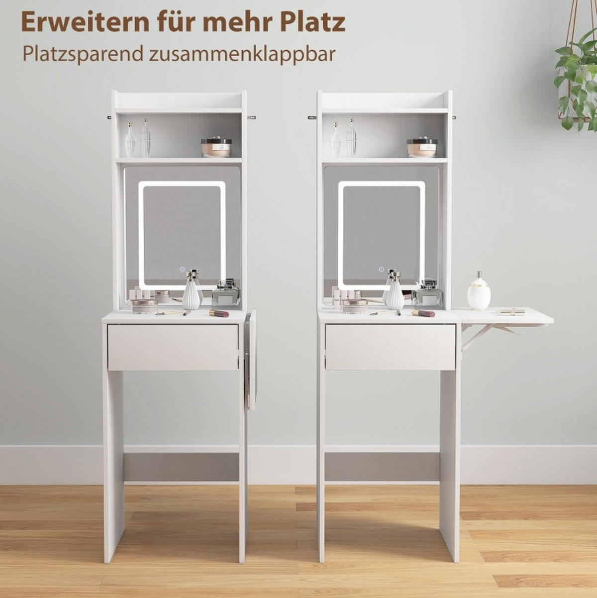 SCHMINKTISCH 45/45/152 cm Weiß aus Holz mit LED-Spiegel - Weiß, Holz (45/152/45cm) - OKWISH