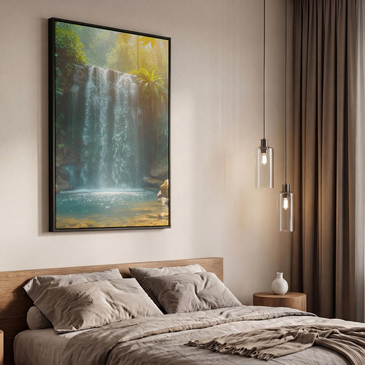 LEINWAND Bilder mit Rahmen - Wasserfall - Dschungel - Sonne - Grün - Natur - 60x90 - Grün, Textil (60/90cm) - MuchoWow