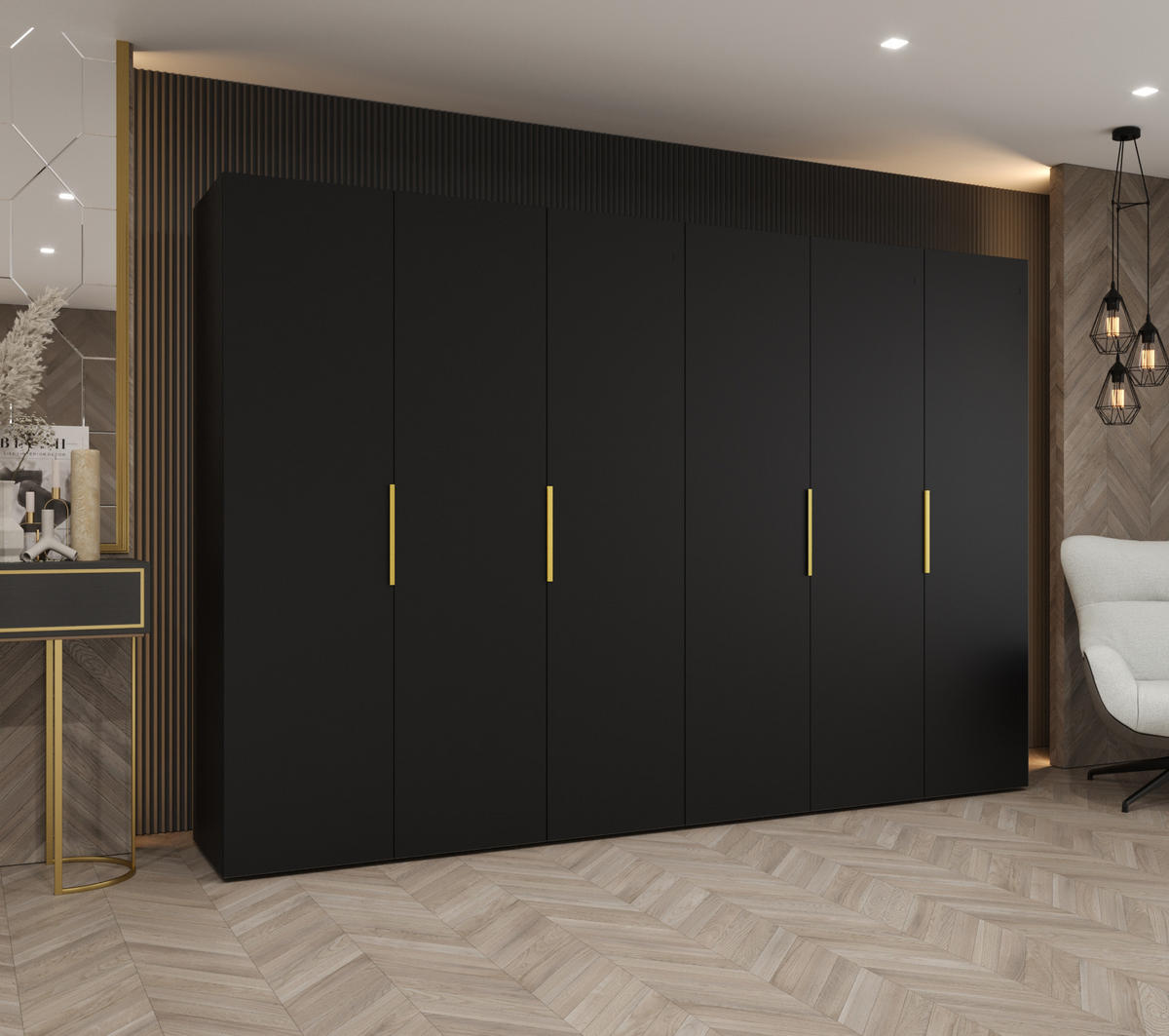 DREHTÜRENSCHRANK 202/300/52 6-türig - Goldfarben/Schwarz, Holz (300/202/52cm) - MÖBEL KRYSPOL
