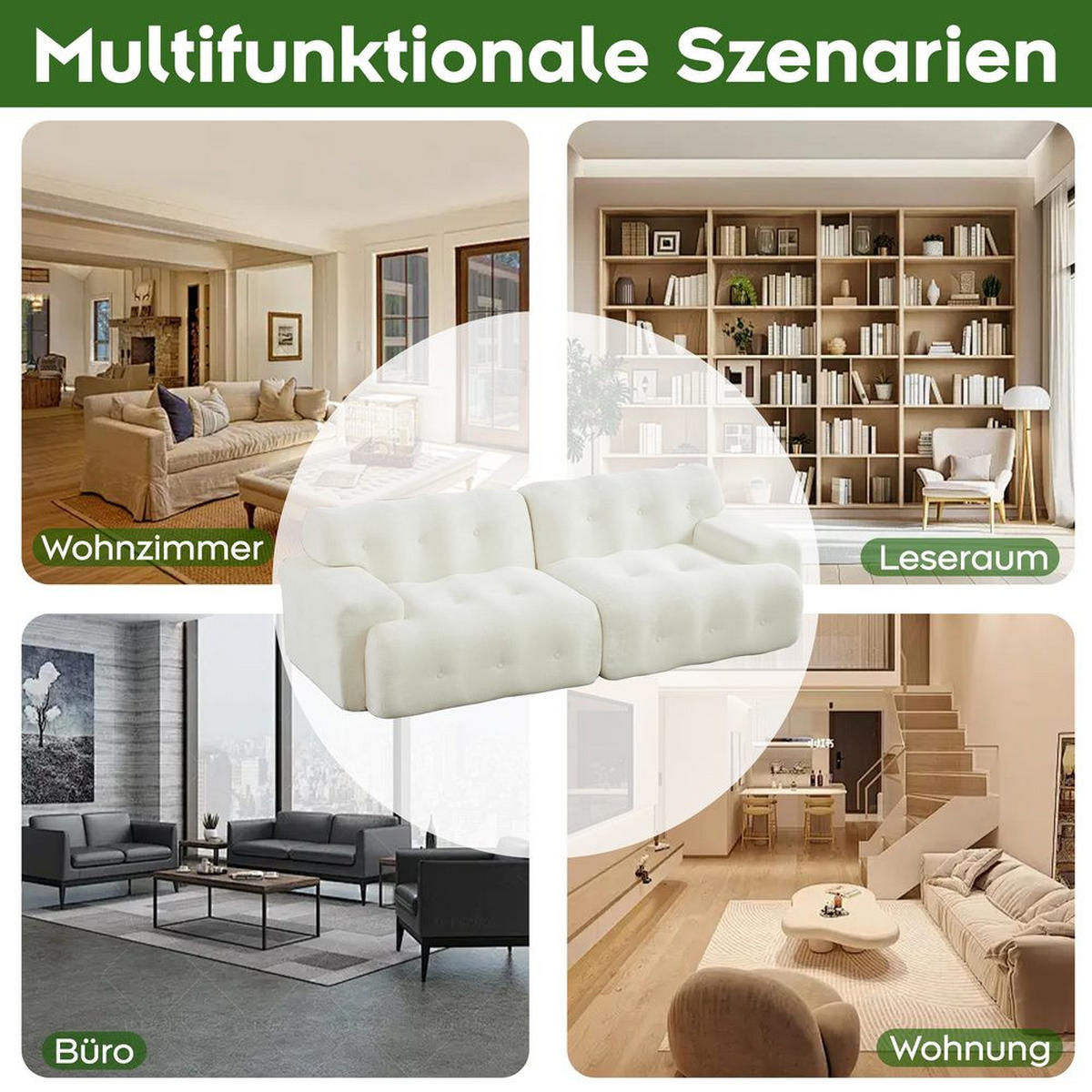 CLOUD-SOFA 2-SITZER, BREITE ARMLEHNEN, KNOPF-DESIGN - Beige, Textil (104/66/224cm)