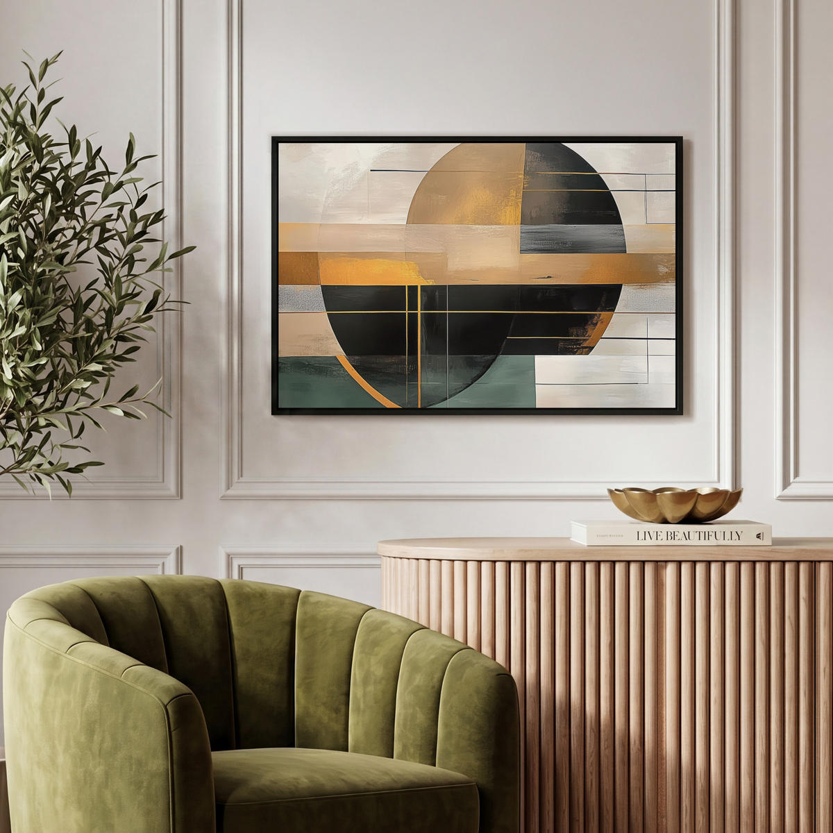 LEINWAND Bilder mit Rahmen - Abstrakt - Gold - Bronze - Grün - Formen - Modern - 60x40 - Multicolor, Textil (60/40cm) - MuchoWow