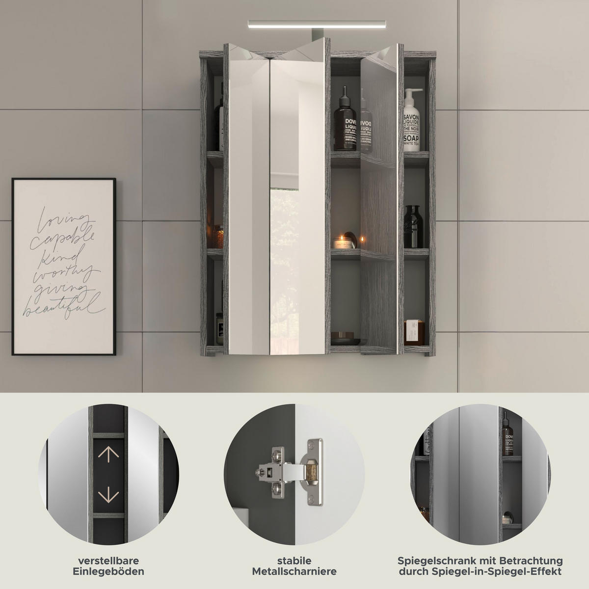 SPIEGELSCHRANK inkl. Beleuchtung BLAKE (B/H/T: ca. 64/77/21 cm) in Rauchsilber Nachbildung - Silberfarben, Holzwerkstoff (64/77/21cm)