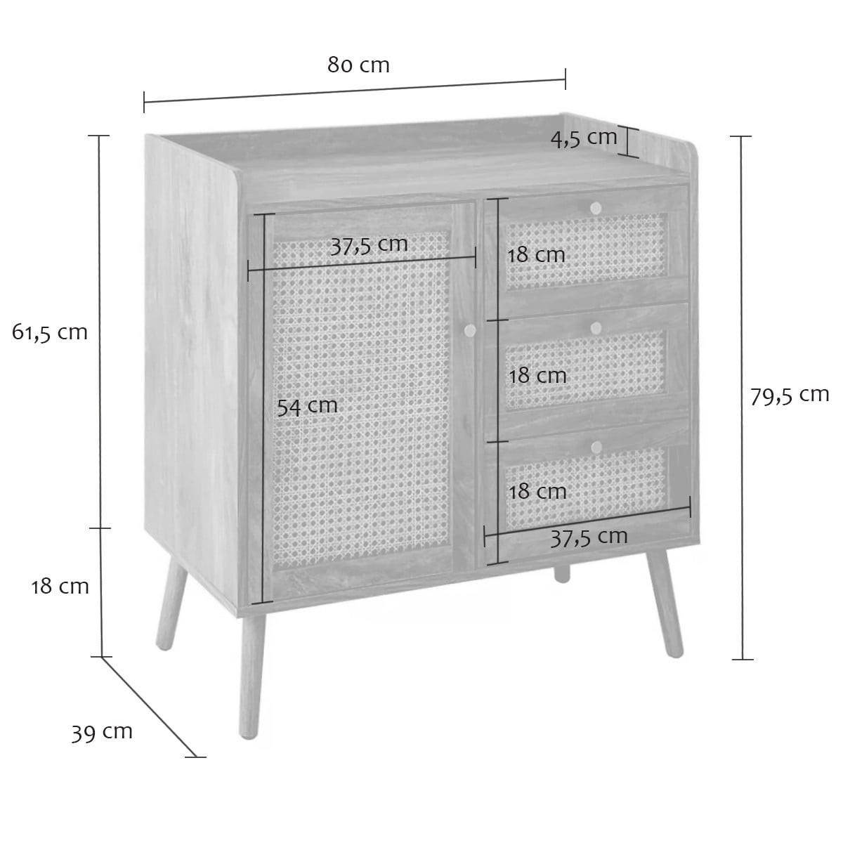 KOMMODE mit 1 Tür und 3 SchubladenRattanfronten und Holzfüßen 39/79,5/80 cm - Eschefarben, Holzwerkstoff (80/79.5/47cm) - Calicosy