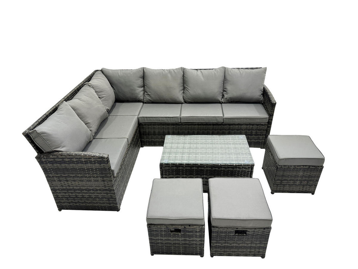 GARTENSET mit Couchtisch Polyrattan Dunkelgrau 9-Sitzer - Dunkelgrau/Grau, Glas/Kunststoff - Fimous