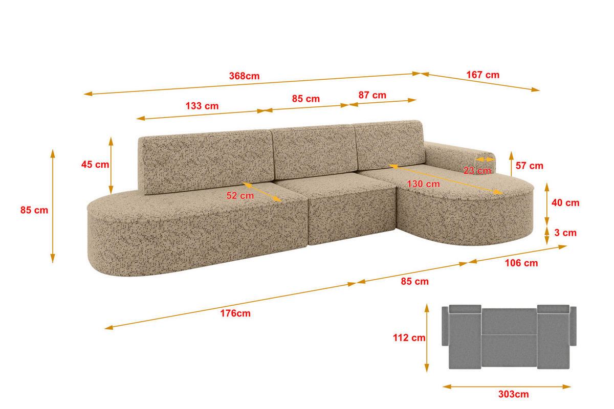 ECKSOFA mit Schlaffunktion Ottomane RECHTS MARI L2-S 368X167X85 Braun Velours - Eichefarben/Schwarz, Holzwerkstoff/Kunststoff (167/368cm) - ALTDECOR