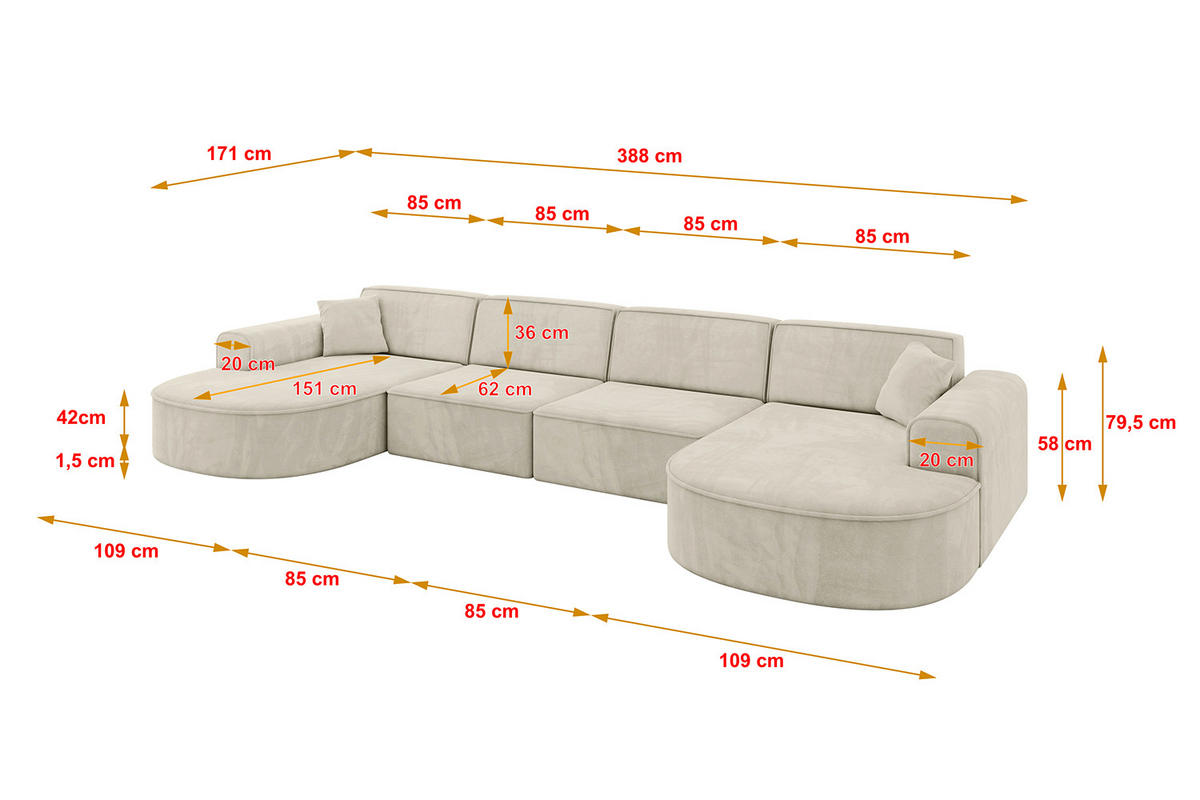 WOHNLANDSCHAFT MARI-U2 - 388x171x79 cm Ecru Velours - Ecru/Schwarz, Holzwerkstoff/Kunststoff (388/79/171cm) - ALTDECOR