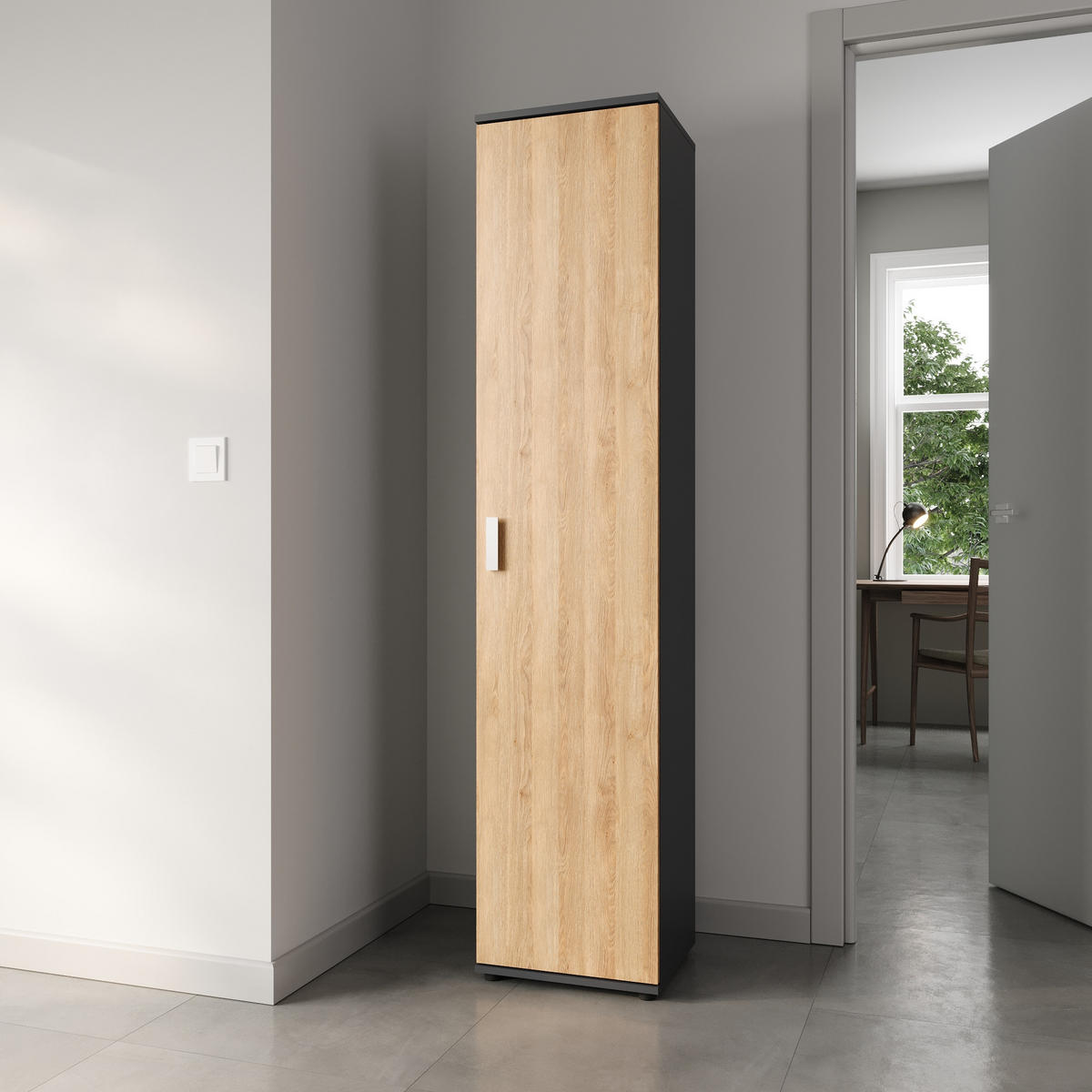 UNIVERZÁLNÍ SKŘÍŇ s 1 dvířky a 4 policemi, antracitová – dub Artisan - antracitová/barva dubu, kompozitní dřevo (40/184/35cm) - Home Collective