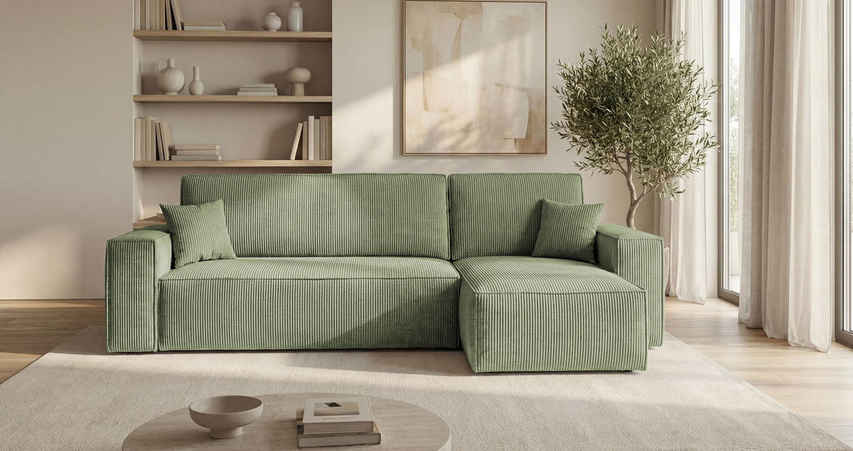 ROHOVÁ pohovka CALIFORNIA MINI pravá světle zelená manšestr Poso 47 - funkce spaní, úložný prostor - světle zelená, textil (245/139cm) - Cornero