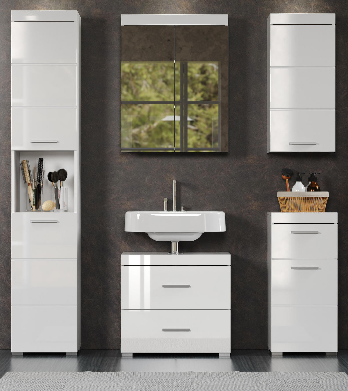 BADMÖBEL-SET weiß Hochglanz 5-teilig 163 x 190 cm, moderne Badezimmer-Schränke - Weiß Hochglanz/Alufarben, Glas/Holzwerkstoff (163/190/34cm) - Top.Furn