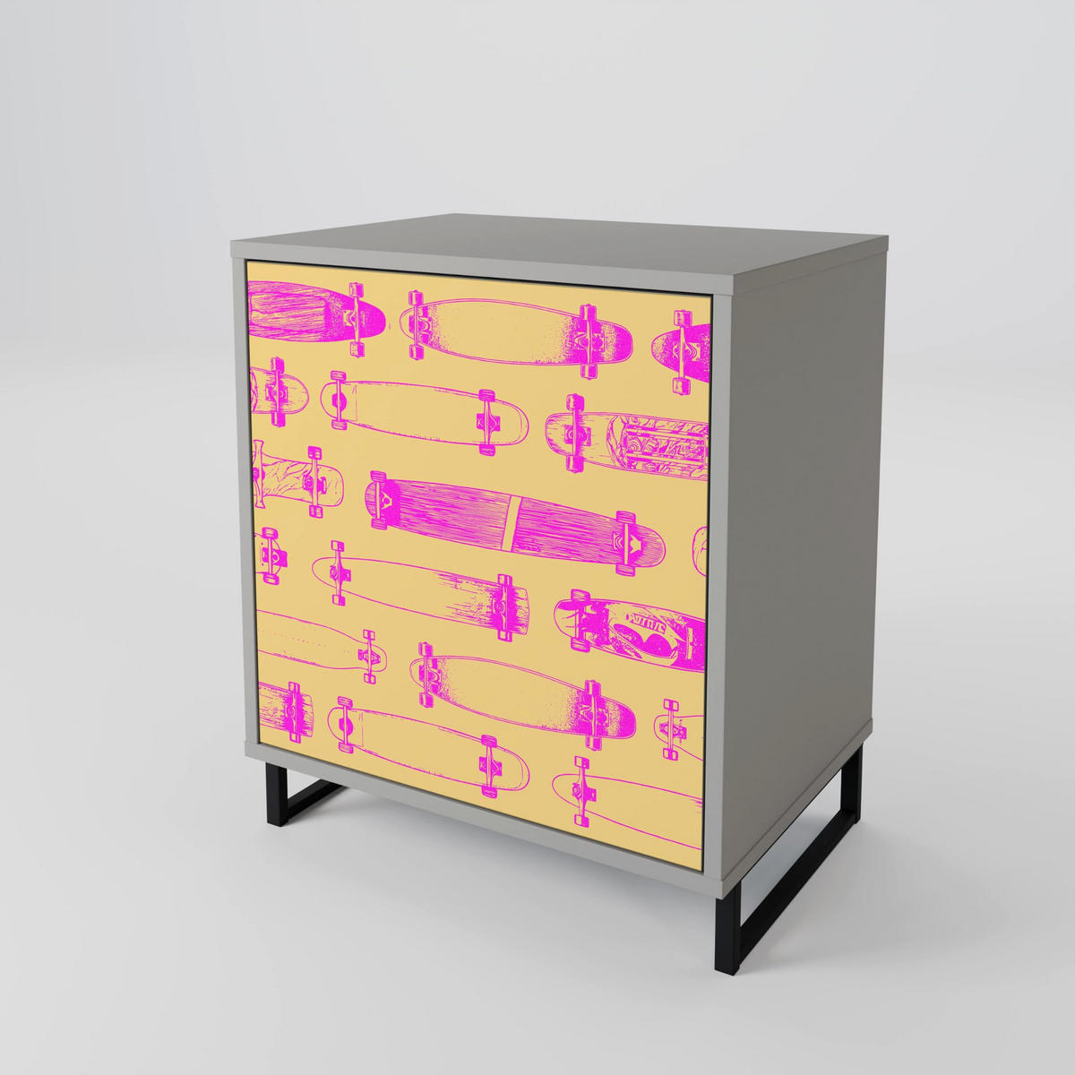 SIDEBOARD SKATEBOARD ARTISTRY, Grau, 57,5x42x70,5 cm, Schwarze Metall-Sternfüße - Multicolor/Schwarz, Holzwerkstoff/Metall (57.5/70.5/42cm) - SpaceRebels