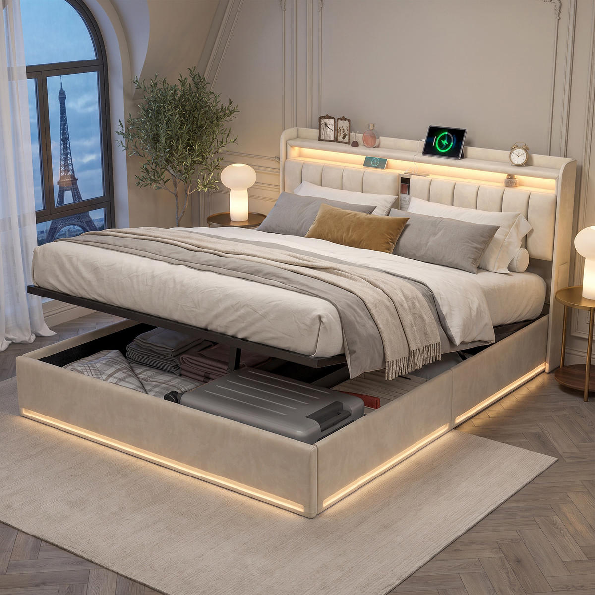 POLSTERBETT 160x200 cm mit Bettkasten, Doppelbett , USB und LED, Lattenrost und Stauraum, Samt Beige - Beige, Holz/Textil (160/200cm) - GENKI LIVING