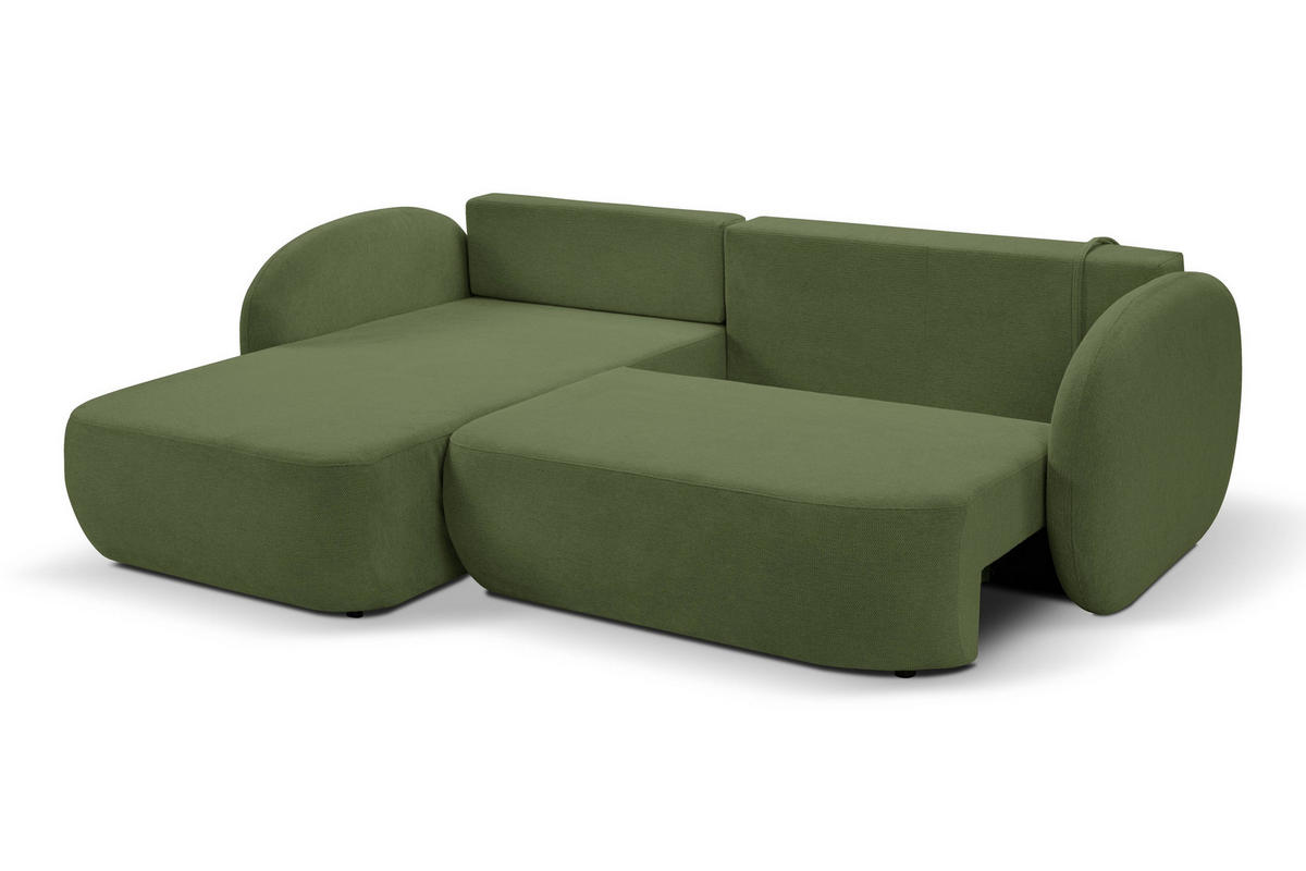 ECKSOFA AMICO L-S Olivgrün Geflochtener Stoff mit Schlaffunktion - Olivgrün, Holz (248/174cm) - MASSENO