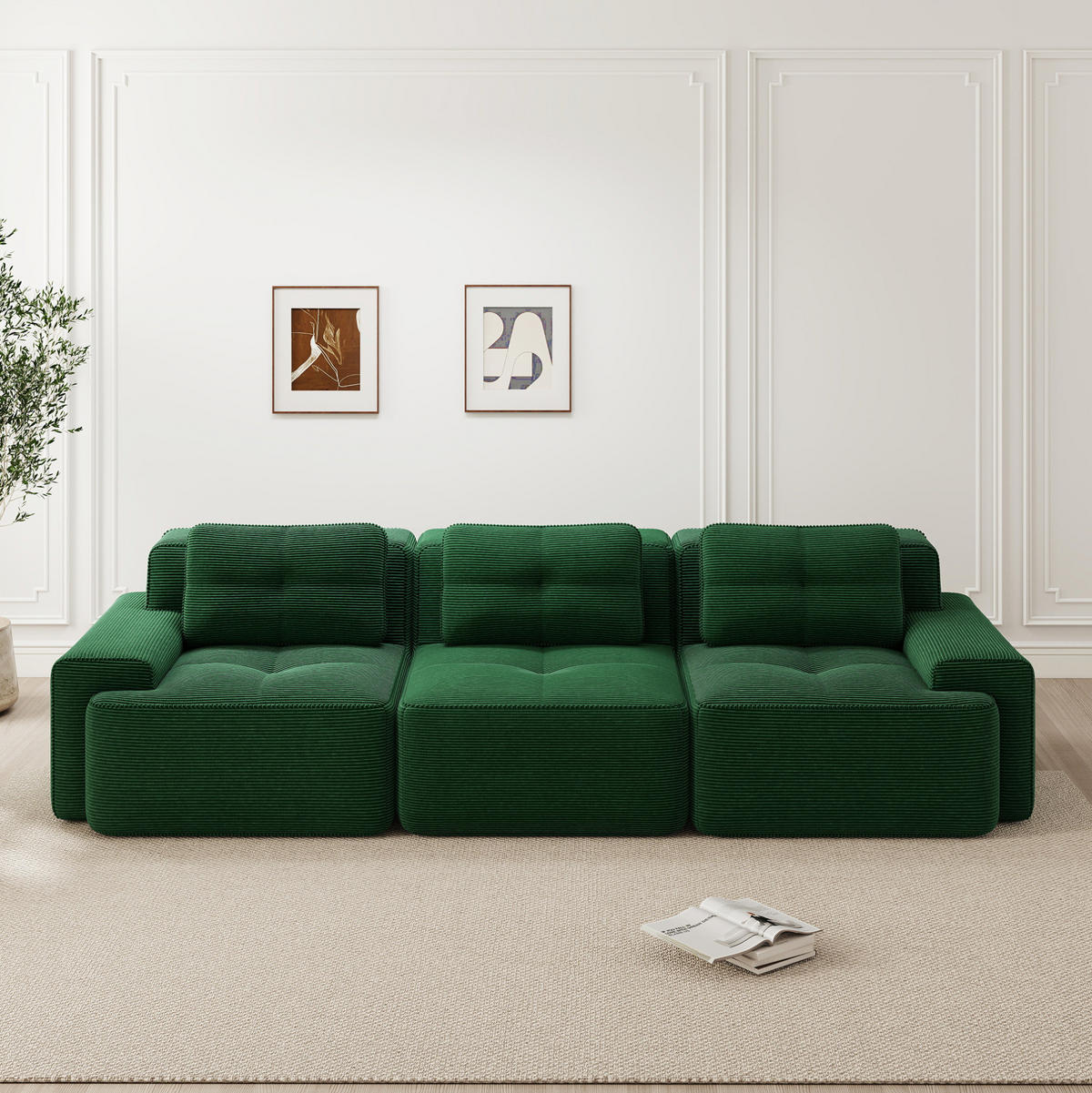 SOFA modular 3-Sitzer mit 74 cm Tiefsitz Cord Grün - Grün, Kunststoff (104/69/293cm) - Meubliv