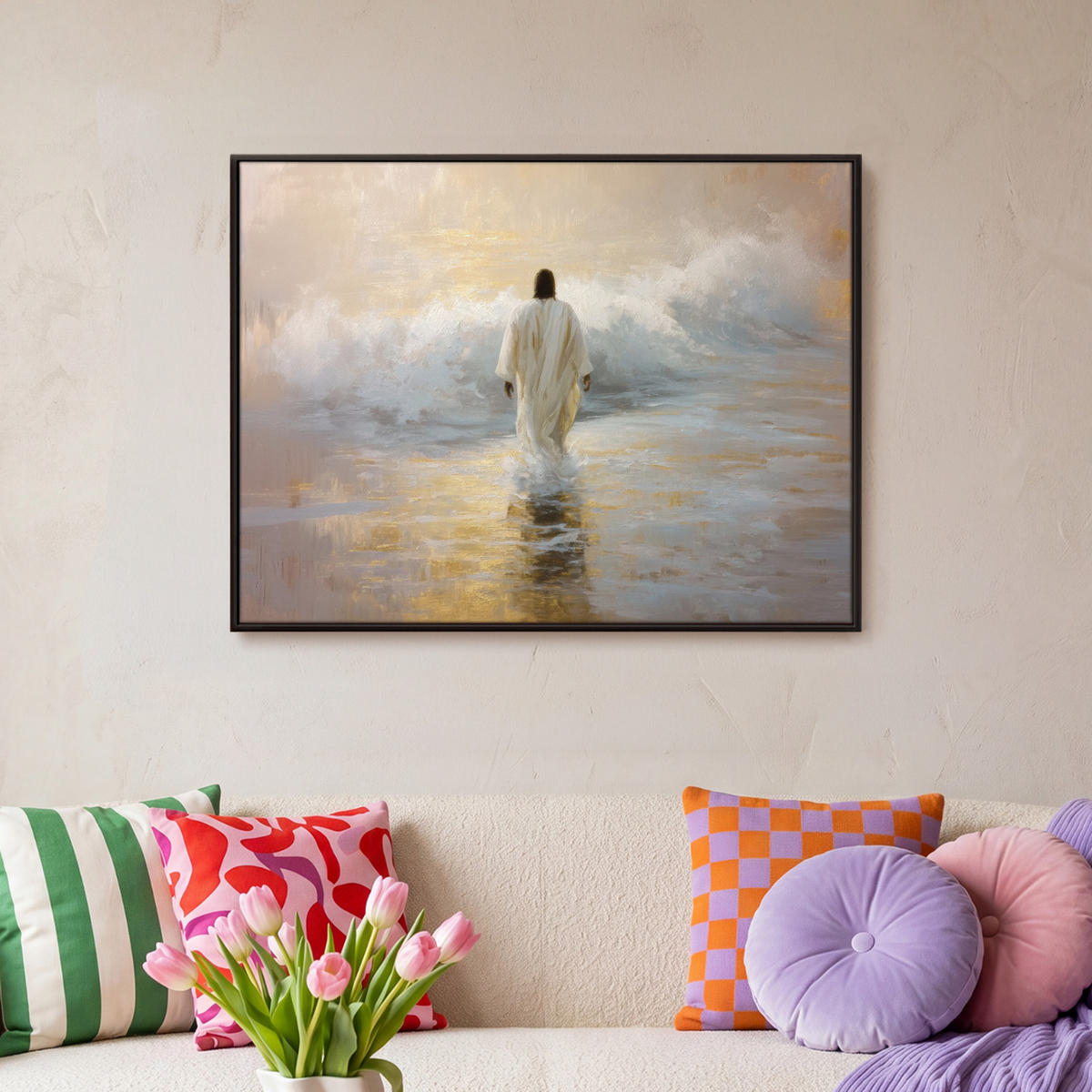 LEINWAND Bilder mit Rahmen - Gemälde - Welle - Jesus - Abstrakt - 80x60 - Goldfarben, Textil (80/60cm) - MuchoWow