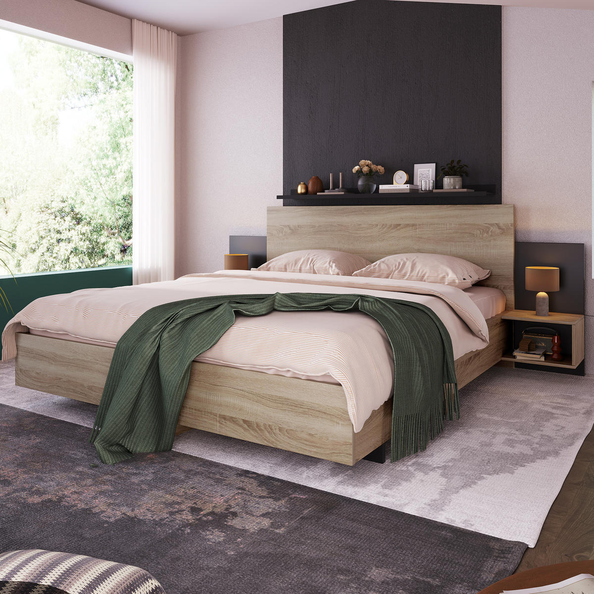 BETTANLAGE 160/200 cm in Sonoma-Eiche & Dunkelgrau mit 2 Nachtkommoden - Hellbraun, Holzwerkstoff/Textil (160/200cm) - WISHDOR
