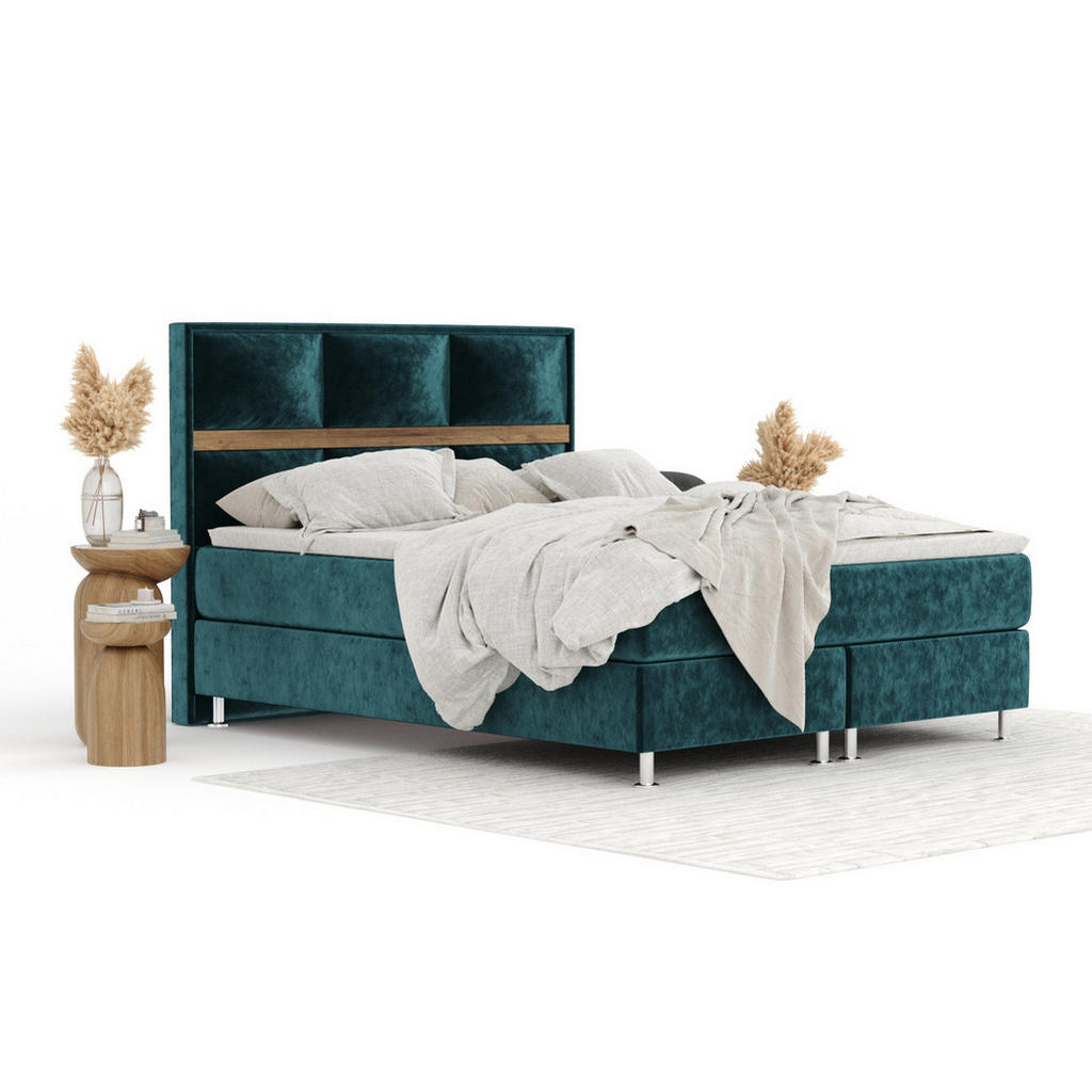 Thumbnail - Maison de Reve Boxspringbett, Türkis, Textil, Buche, Kiefer, H3, Höhe ca. 21 cm, 180x200 cm, Oeko-Tex® Standard 100, FSC...