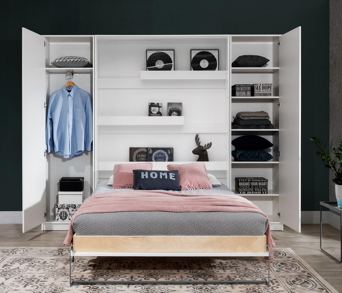 SCHRANKBETT Wandklappbett vetikal VB140x200 mit 2 Schränken - 3-tlg. - Eiche Lancelot & Schwarz - Schwarz/Braun, Holzwerkstoff (140/200cm) - QMM TraumMöbel