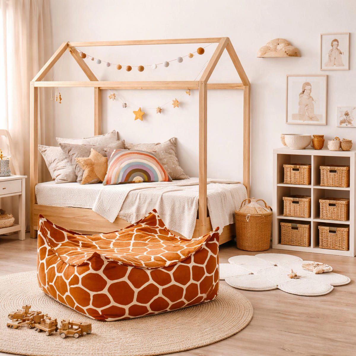 KINDER Sitzpouf Giraffe quadratisch – weicher Hocker fürs Kinderzimmer - Creme/Braun, Textil (60/35/60cm) - Bees & Blooms