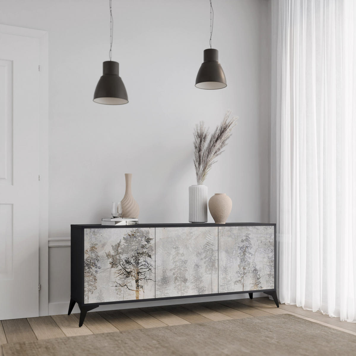 SIDEBOARD FADE IN THE TREES, Eicheneffekt, 164,5x42x77,5 cm, 3 Türen - Eichefarben/Buchefarben, Holzwerkstoff/Buchenholz (164.5/77.5/42cm) - SpaceRebels