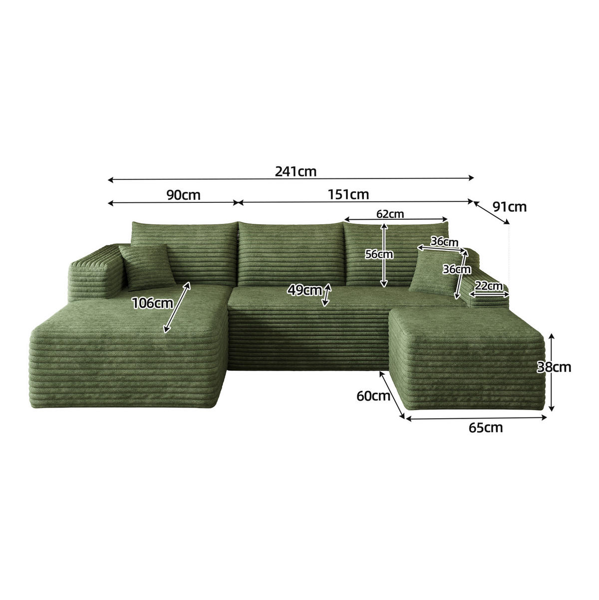 ECKSOFA 241 cm aus Stoff mit Cordbezug und Chaiselongue Grün - Grün, Textil (151/241cm) - Modenvie