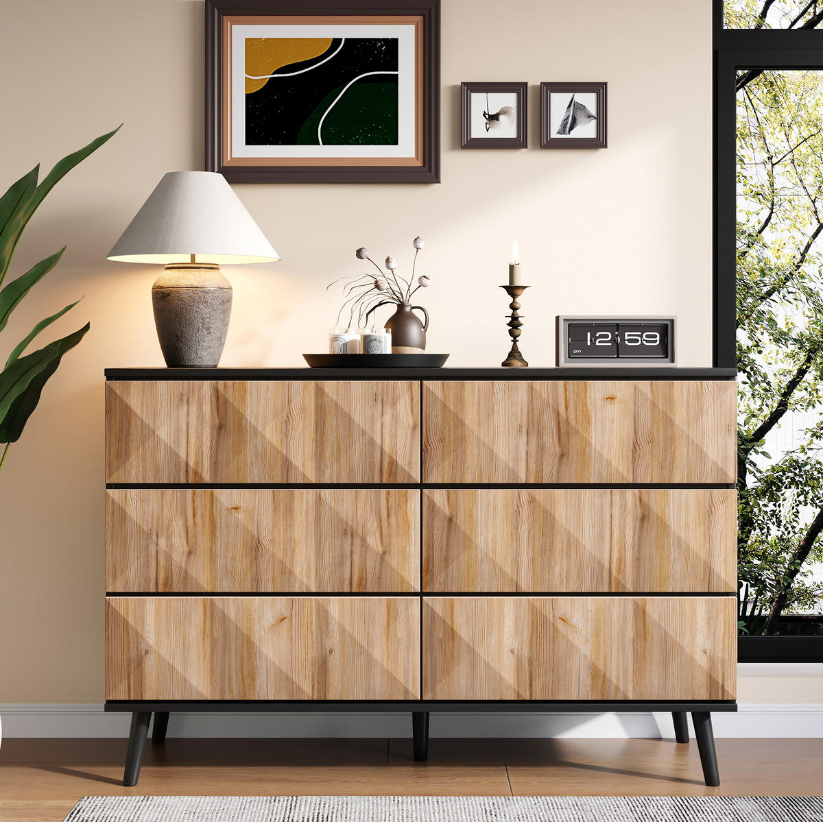 KOMODA, 120/40/85 cm, MDF a drevotrieska, čierna/prírodná, so 6 zásuvkami - prírodná farba, kompozitné drevo (40/85/120cm) - BEAOK