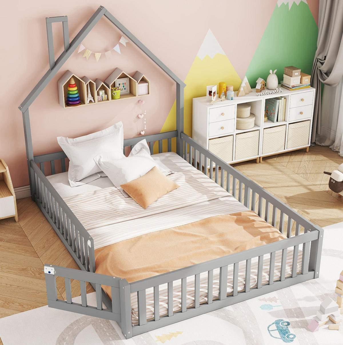 KINDERBETT 140/190 cm mit Lattenrost, Sicherheitsgitter und Schornsteinform aus Kiefernholz/MDF, Grau - Grau, Holzwerkstoff (140/190cm) - Redom