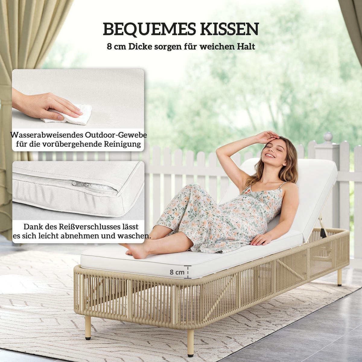 RATTAN-SONNENLIEGE PE-Rattan Gelb - Gelb/Creme, Textil/Metall (66/33/190cm) - Outsunny