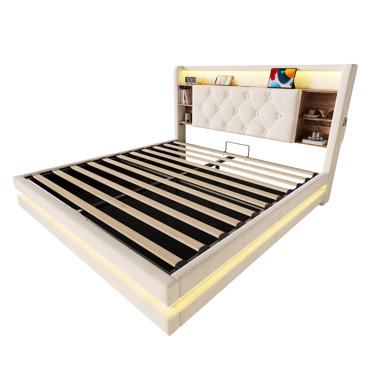 POLSTERBETT aus Samt 140x200 cm Beige mit Bettkasten, LED-Beleuchtung und USB-/Type-C-Anschlüssen - Beige, Textil (140/200cm) - Modfu