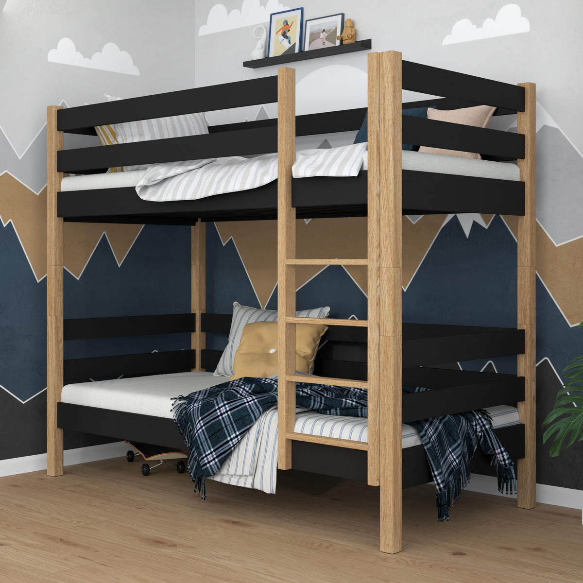 ETAGENBETT N01 Schwarz / Eiche Natur 80/190 - Schwarz/Eiche Artisan, Naturmaterialien/Holz (80/190cm) - N-Wood