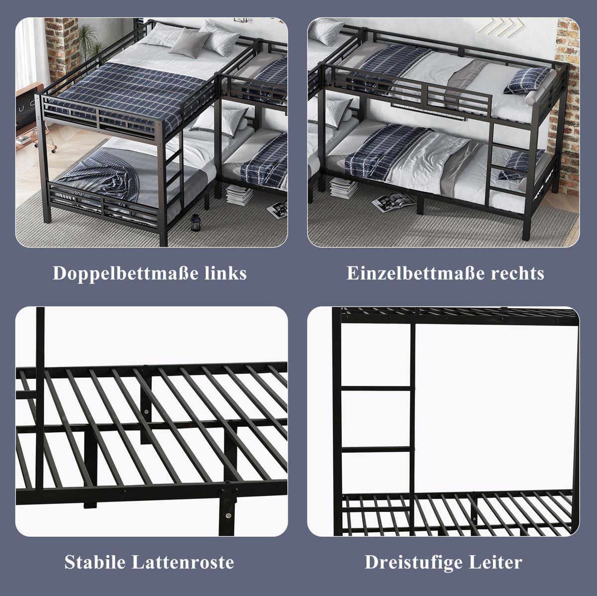 ETAGENBETT 90/200 & 140/200 cm aus Eisen mit Leiter und Lattenrost - Schwarz, Metall (90/200cm) - Flora Grace