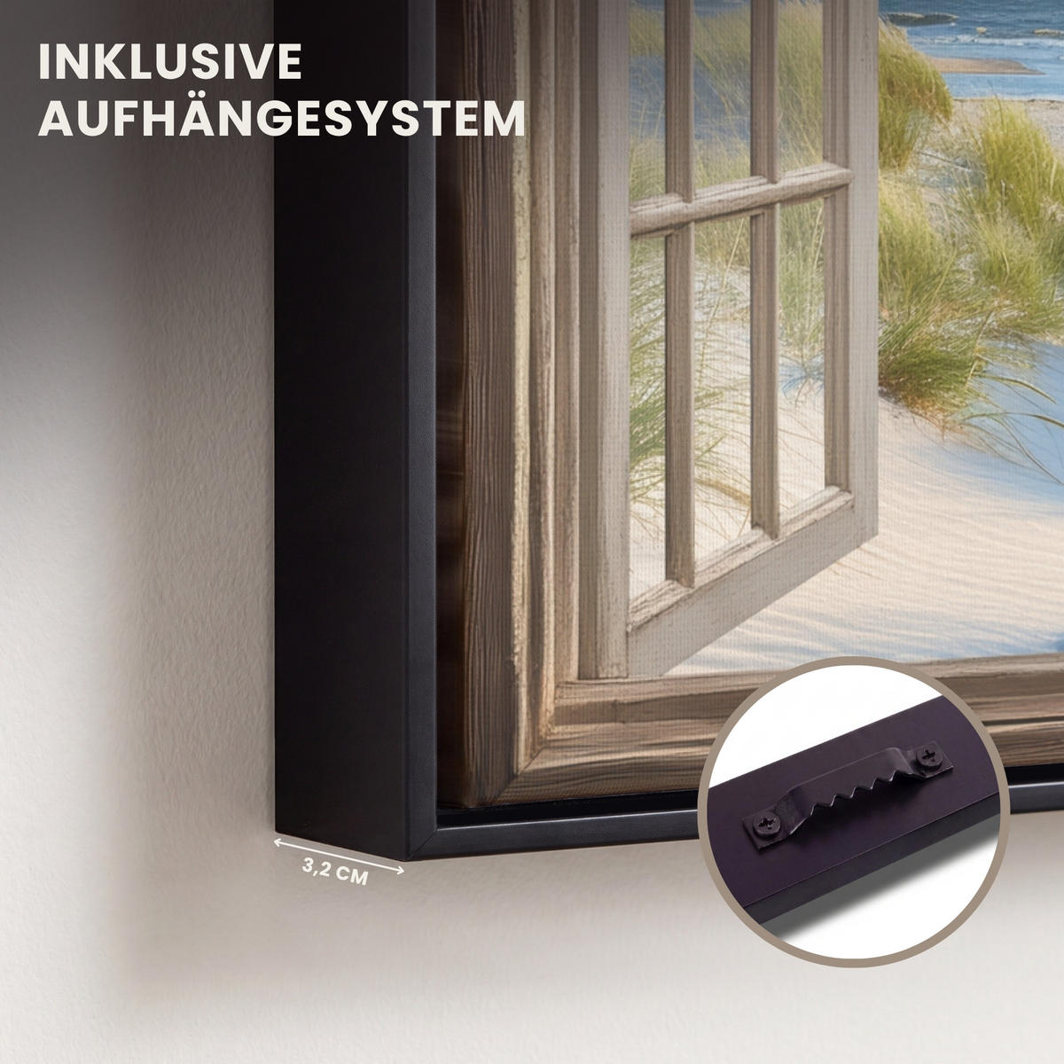 LEINWAND Bilder mit Rahmen - Aussicht - Strand - Fenster - Dünen - Meer - 40x30 - Hellblau, Textil (40/30cm) - MuchoWow
