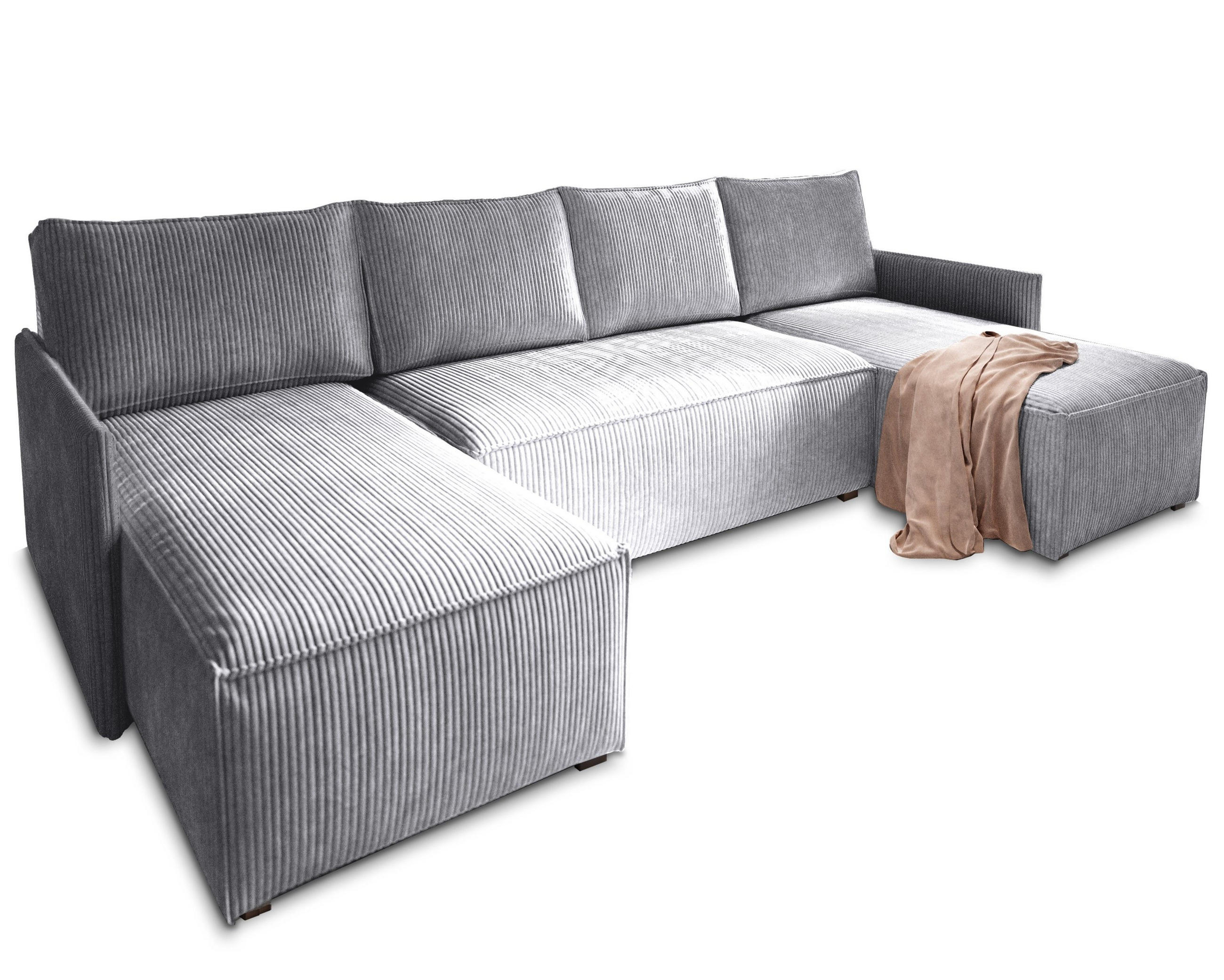 WOHNLANDSCHAFT TRES Hellgrau Kordstoff mit Schlaffunktion - Hellgrau, Holz (271/85/140cm) - MASSENO