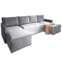 WOHNLANDSCHAFT TRES Hellgrau Kordstoff mit Schlaffunktion - Hellgrau, Holz (271/85/140cm) - MASSENO