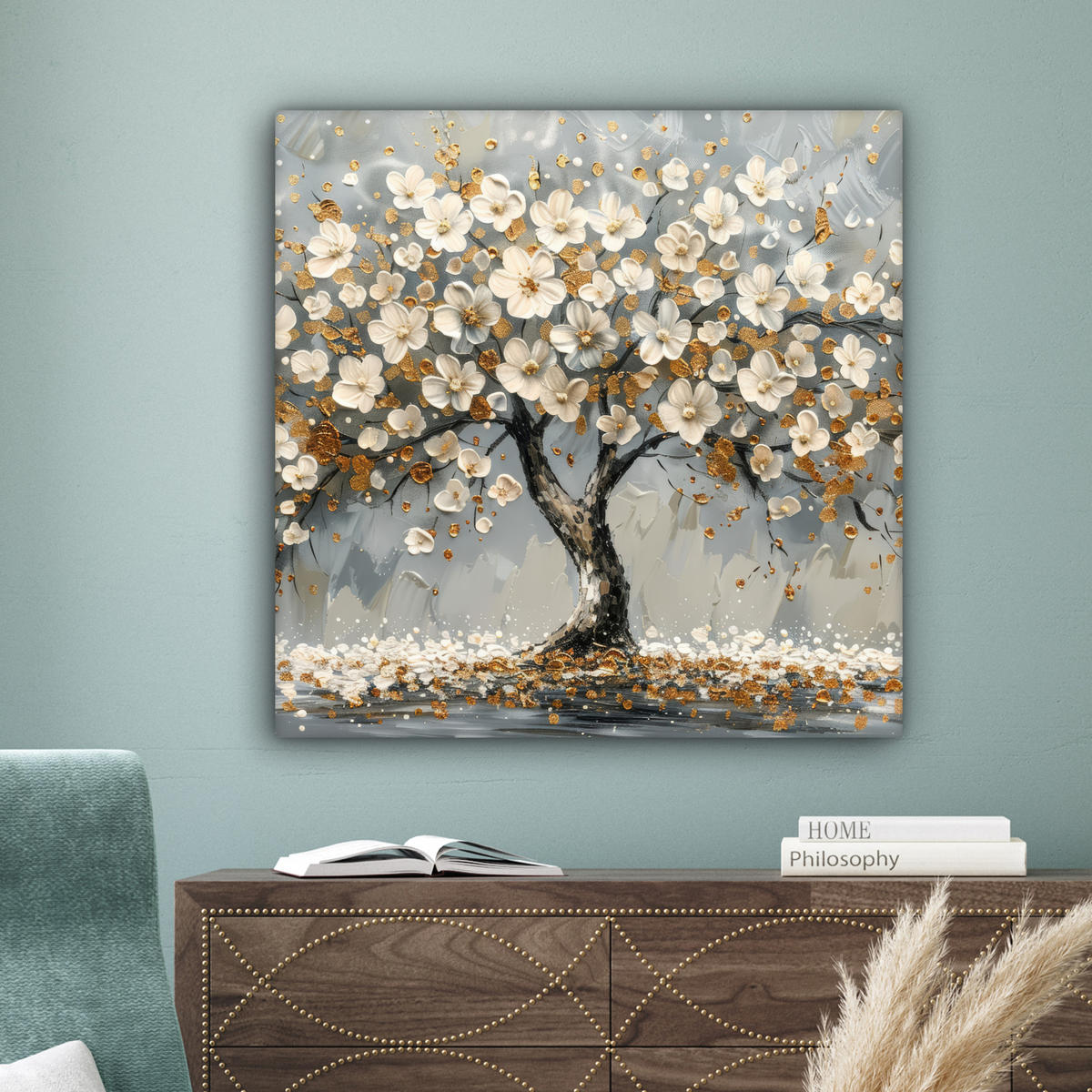 LEINWANDBILD Baum - Blumen - Weiß - Natur - Kunst Deko Groß 90x90 cm - Weiß, Textil (90/90cm) - MuchoWow