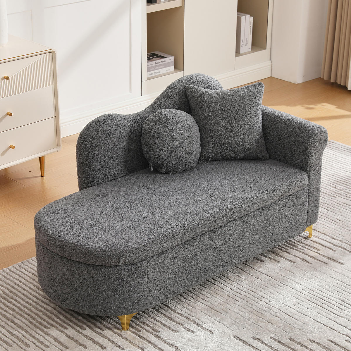 CHAISELONGUE mit Stauraum 134 cm, Teddyplüsch, modernes Design, wellenförmige Rückenlehne, inkl. Lenden- & Nackenkissen - Grau, Textil (64/70/134cm) - Ej. Life