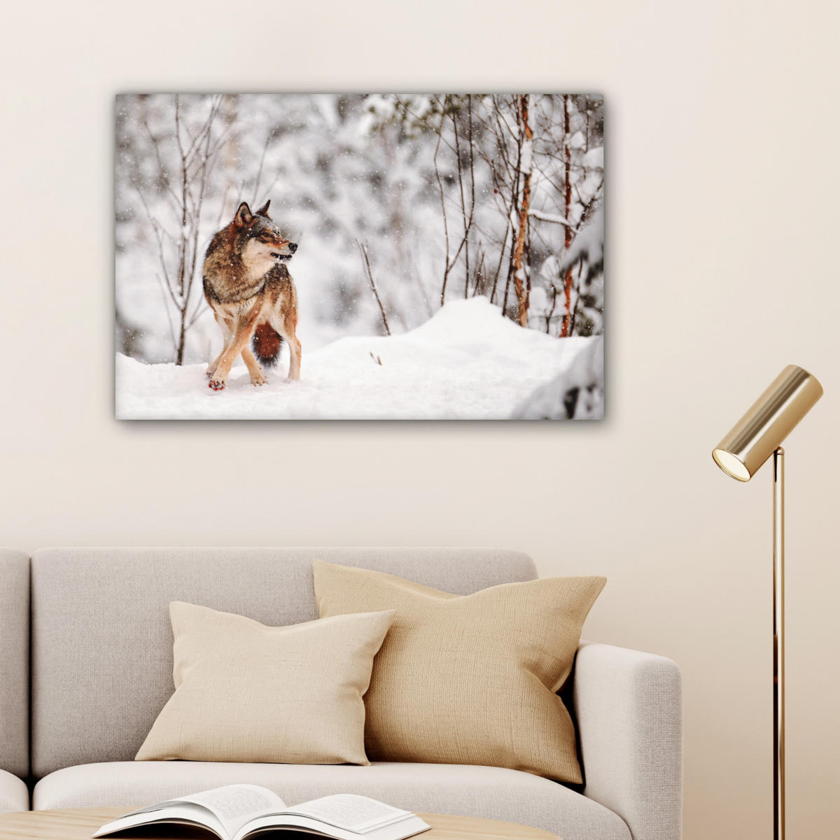 LEINWANDBILD Wolf - Winter - Schnee - Natur - Tiere Wanddeko 90x60 cm - Haselnussfarben, Textil (90/60cm) - MuchoWow