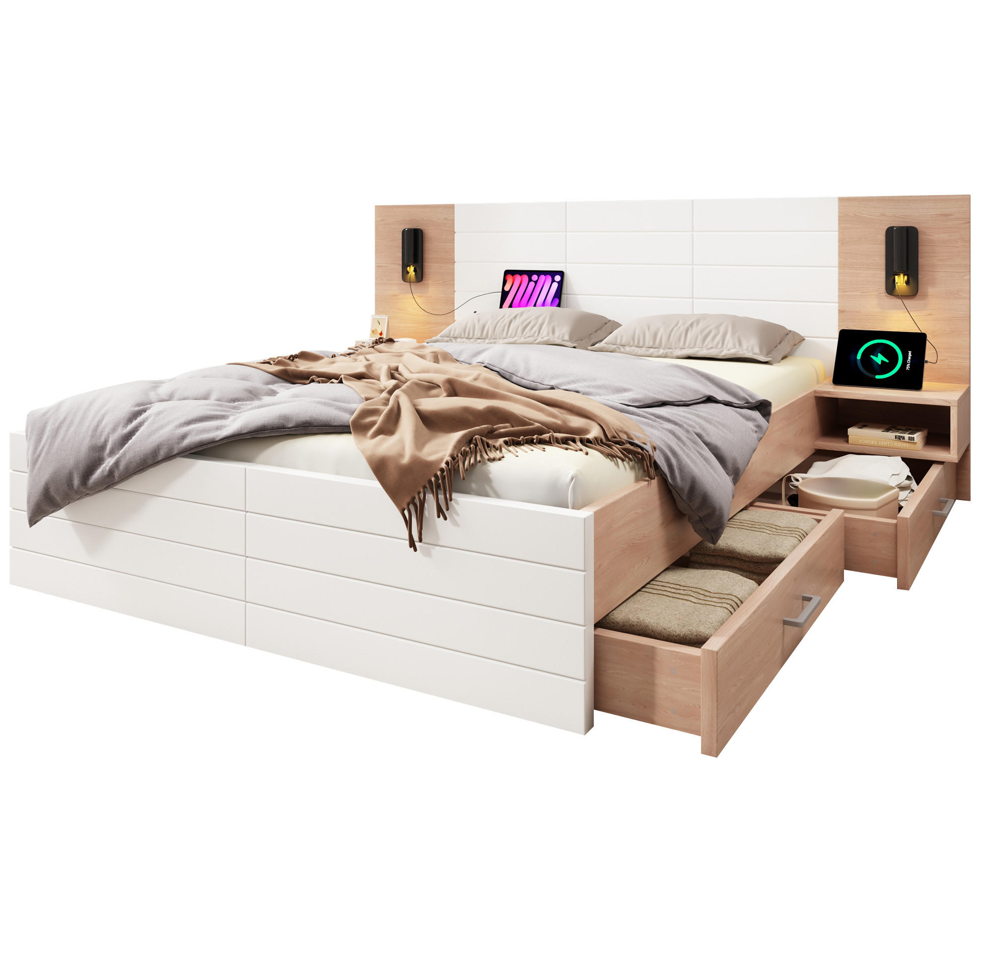 POSTEL 160×200 cm bílá/dub, masivní dřevo a MDF, s LED lampičkou, USB a úložným prostorem - bílá, kompozitní dřevo (160/200cm) - BEAOK
