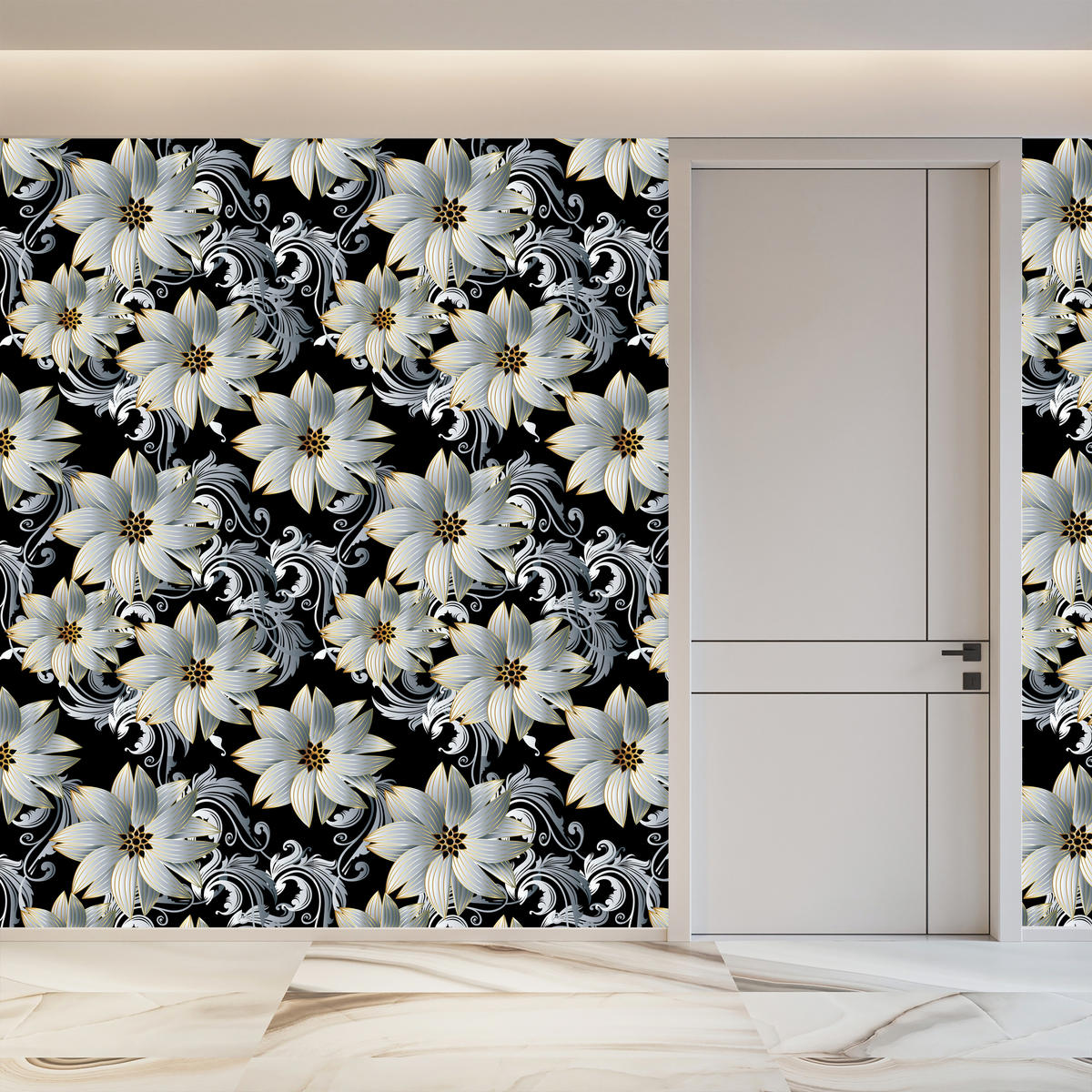 VLIESTAPETE Florale Ornamente in 3D-Optik – Silberfarben, Schwarz – 50x1000 cm - Silberfarben/Schwarz, Papier (50/1000cm) - Muralo