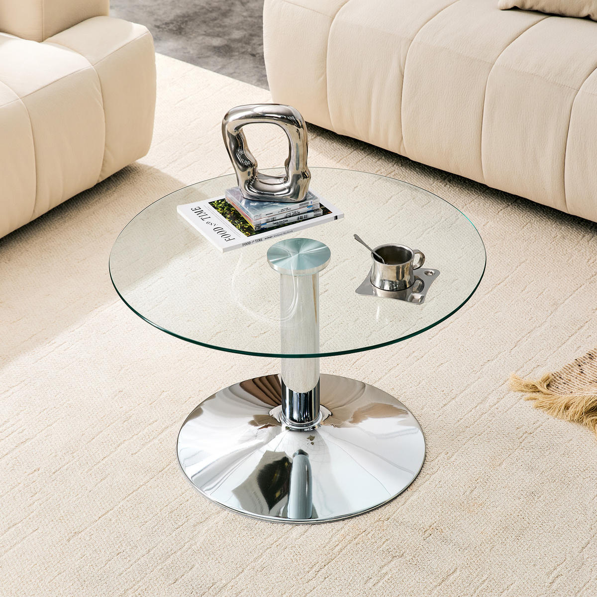 COUCHTISCH DE-37356 rund mit Glasplatte und Metallgestell Silber - Silberfarben, Metall (70/70/45cm) - ComfortXL