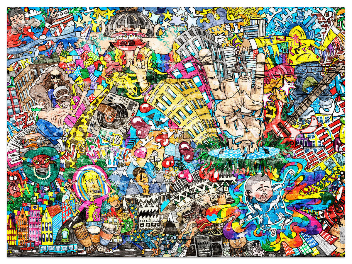 FOTOTAPETE für Jugendzimmer Buntes Graffiti Streetart Bunt 300x210 - Türkis/Gelb, Papier (300/210cm) - Muralo