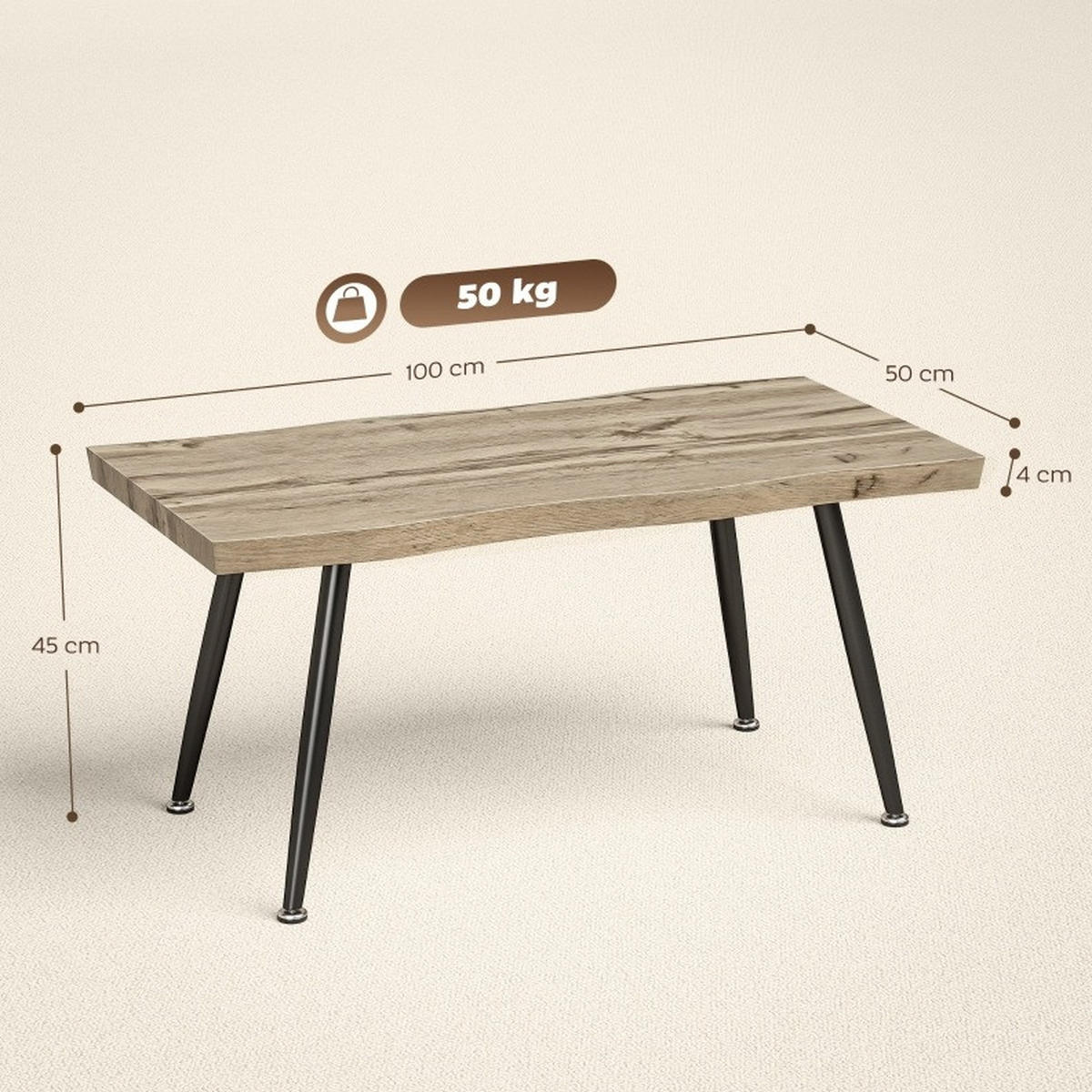 KONFERENČNÍ stolek 100/50/45 cm dubová barva ze dřeva se stabilními ocelovými nohami - barva dubu, dřevo (100/50/45cm) - OKWISH