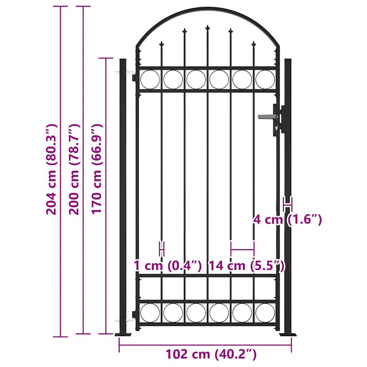 GARTENTOR mit gewölbter Spitze und 2 Pfosten, 105/204 cm, aus Stahl, Schwarz - Schwarz, Metall (105/204cm) - vidaXL