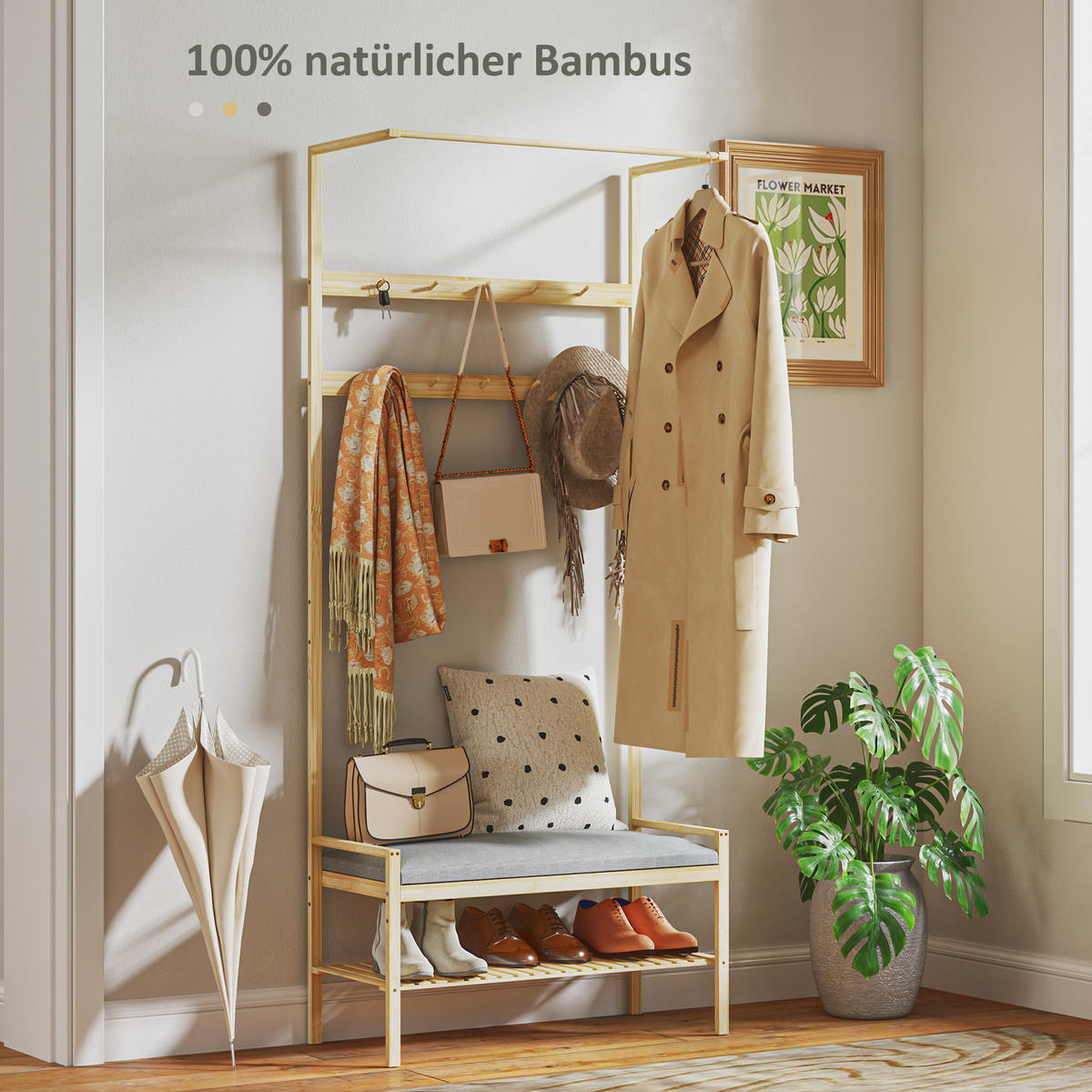 GARDEROBENSTÄNDER mit Schuhbank, Kleiderständer mit Haken, Schuhregal, Natur - Naturfarben, Naturmaterialen (34/171/73.5cm) - HOMCOM