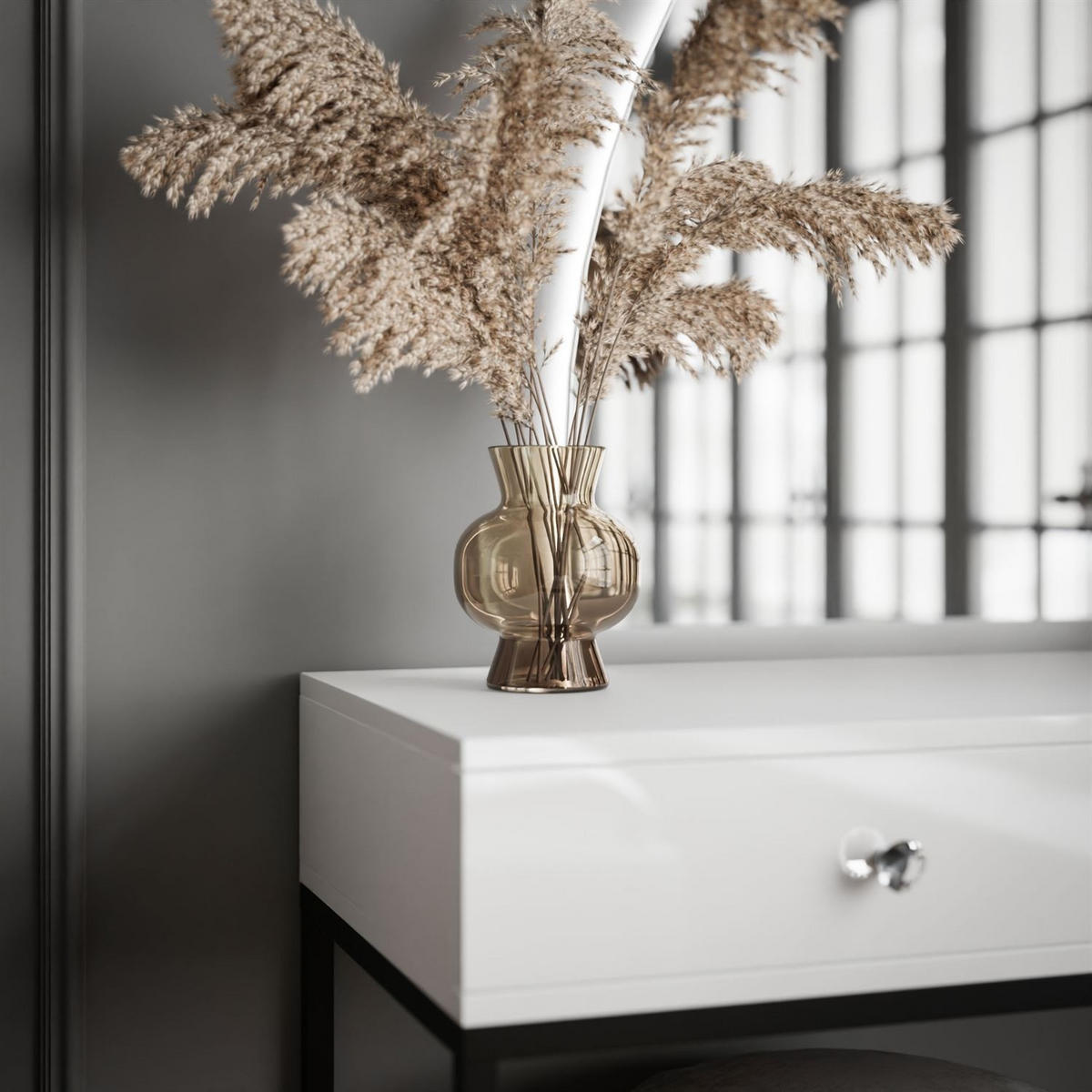 SCHMINKTISCH schwarz/weiß Hochglanz QUINNIE mit LED-Spiegel links Griff Kristall - Weiß Hochglanz/Schwarz, Holzwerkstoff (100/176/42cm) - Lookway