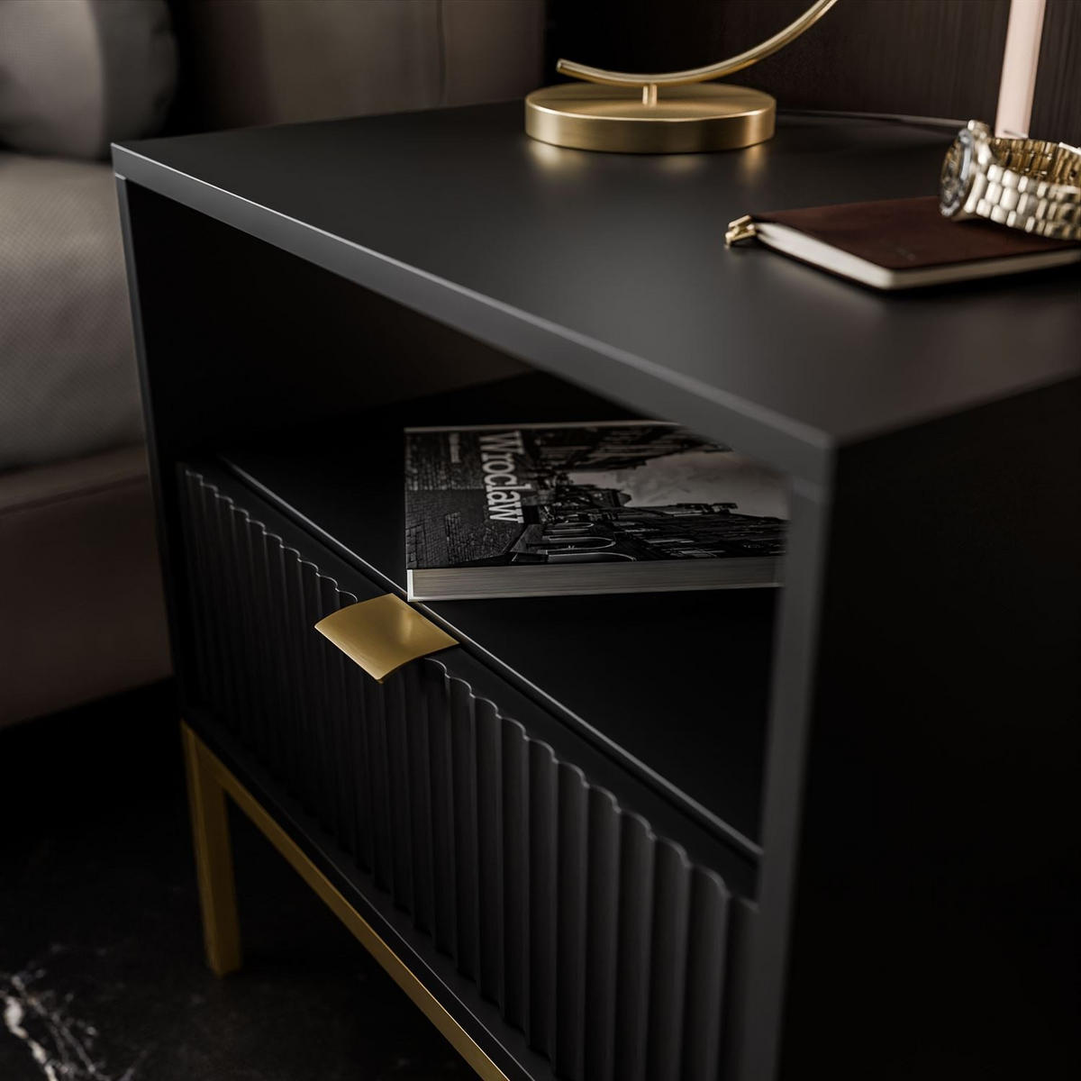 NACHTTISCH CORTADO GOLD S54 SCHWARZ - Schwarz, Holzwerkstoff (54/56/39cm) - Lookway