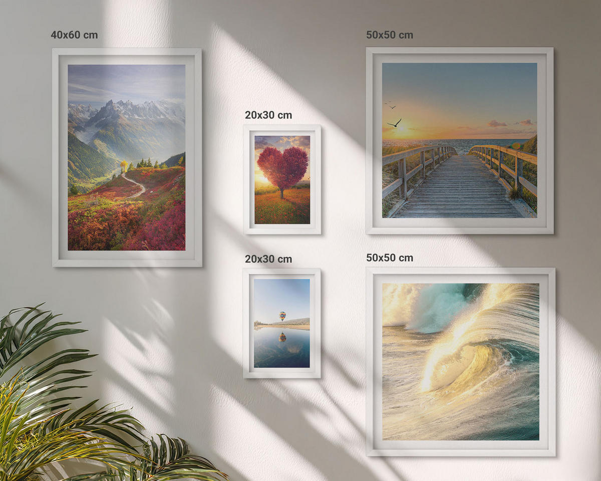 WANDBILDER 5er-Set - 50x50 cm & 20x30 cm & 40x60 cm Weißer Rahmen - Landschaften Berge Wellen Baum Herz Pier - Weiß, Kunststoff (40/60cm) - ArtPrintCave