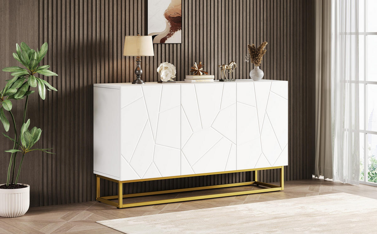 SIDEBOARD mit Goldbeinen und 3 Türen, 130/36/76cm - Weiß, Holzwerkstoff (130/76/36cm) - Urban Meuble